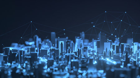 Network technology connection concept with city background.の写真素材