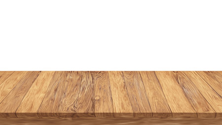Empty wooden table top isolated on white background. For product display.の写真素材