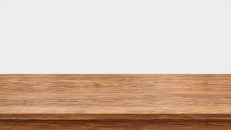Empty wood table top on white wall background. For product display montageの写真素材