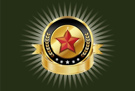 Gold metallic shields and red stars for your branding templates.のイラスト素材