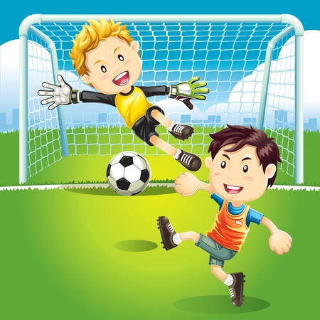 Children playing soccer outdoorsのイラスト素材