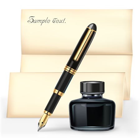 Black fountain pen and the Ink bottle with Brown letter paper のイラスト素材