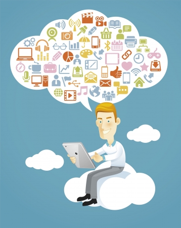 Business man using a tablet sitting on a cloud with social media, communication iconsのイラスト素材