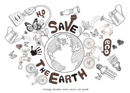 Green world drawing concept. Save the earth. Ecology doodles icons vector setのイラスト素材
