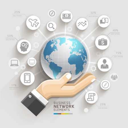 Business computer network  Business hand with global template  Can be used for workflow layout, banner, diagram, web design, infographic template のイラスト素材