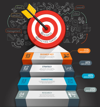 Business staircase conceptual infographics. Target with arrow and doodles icons. Can be used for workflow layout, banner, diagram, web design, infographic template.のイラスト素材