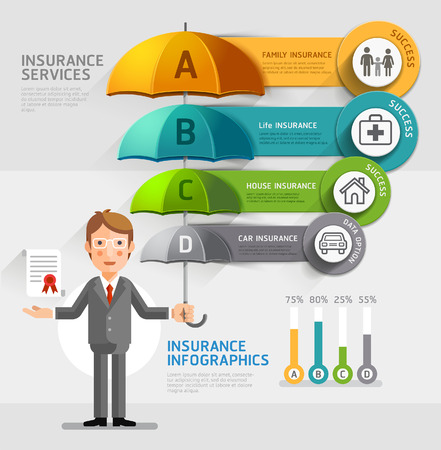 Business insurance services conceptual. Business man holding an umbrella. illustrations.Can be used for workflow layout, diagram, number options, web design, timeline, infographics.のイラスト素材