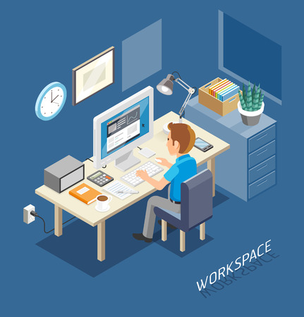 Work Space Isometric Flat Style. Business People Working On An Office Desk. Illustration.のイラスト素材