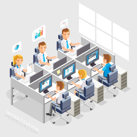 Work Space Isometric Flat Style. Business People Working On An Office Desk. Illustration.のイラスト素材