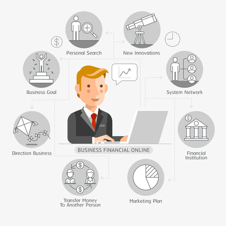 Business Financial Online Conceptual Flat Style. Vector Illustration. Can Be Used For Workflow Layout Template, Banner, Diagram, Number Options, Web Design, Infographics, Timeline.のイラスト素材