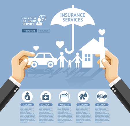 Insurance policy services conceptual design. Hand holding a paper home, car, family. Vector Illustrations.