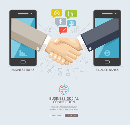 Business social connection technology conceptual design. Mobile and business handshake agreement through display of a smart phone. Vector illustrations.のイラスト素材