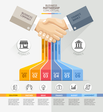 Business partnership connection concept. Business handshake and Infographics template. Vector illustration. Can be used for workflow layout, banner, diagram, web design template.のイラスト素材