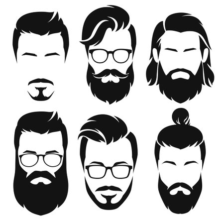 Set of  silhouette bearded men faces hipsters style with different haircuts. Vector illustration.のイラスト素材