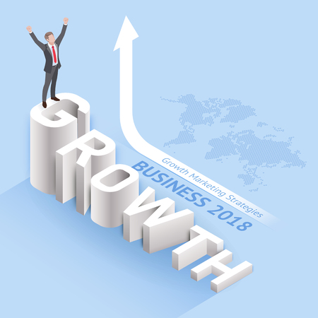 Business growth marketing strategies concepts. Businessman standing on âgrowthâ text. Isometric vector illustration.のイラスト素材