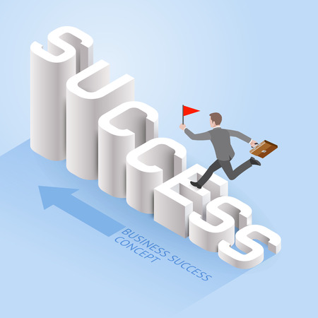 Business success concepts. Businessman running up on "success" text. Isometric vector illustration.のイラスト素材