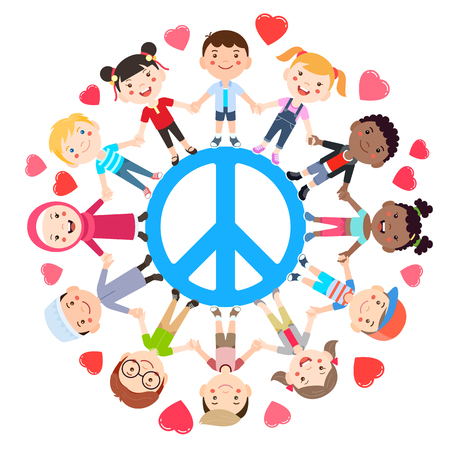 Kids love peace conceptual. Groups of children join hands all around the peace symbol. Vector illustration.のイラスト素材