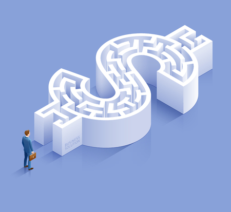 Business solution conceptual design. Businessman standing at labyrinth vector illustration.のイラスト素材