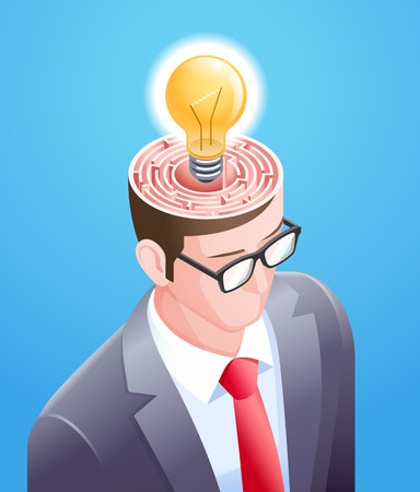 Brain maze with light bulb in businessman head. Vector illustrations conceptuel design.のイラスト素材
