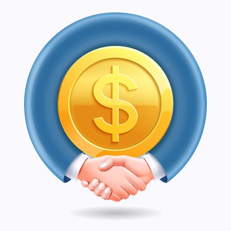 Business partnership conceptual design. Business people handshake around dollar gold coins background.のイラスト素材