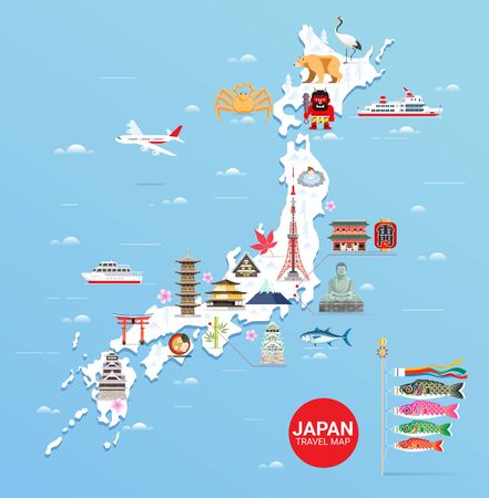 Japan famous landmarks travel map with tokyo tower, fuji mountain, shrine, castle, great buddha, temple, ferris wheel, sakura blossom, and flying fish flags colorful flat style background.のイラスト素材
