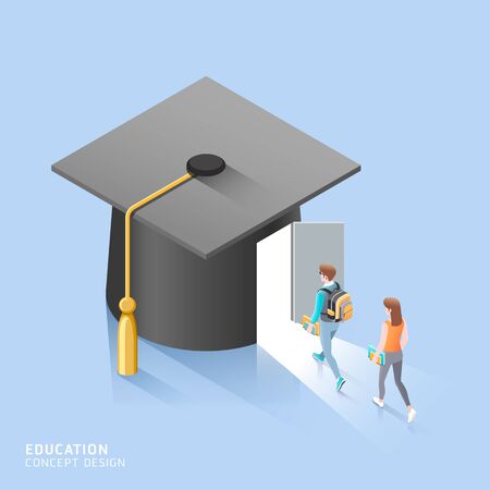 Male and female students walk to the door of the Square academic cap. Vector isometric illustration.のイラスト素材