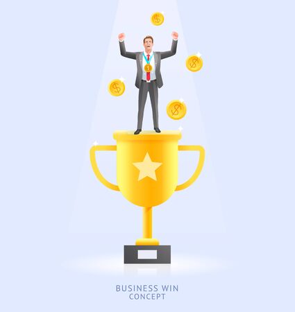 Business win conceptual design vector illustrations. Businessman standing on top trophy cup have gold coin falling down.のイラスト素材