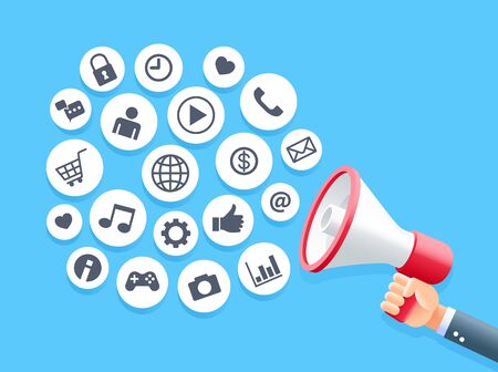 Human hand holding megaphone with bubble social media icons concept.のイラスト素材