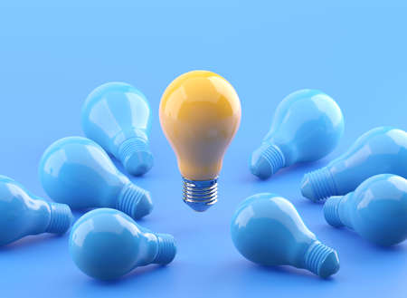 Outstanding glowing yellow light bulb among blue light bulbs 3D illustration with clipping path. 3D renderingの写真素材
