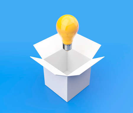Yellow light bulb coming out a empty white box 3D illustration with clipping path. 3D renderingの写真素材