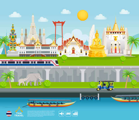 Thailand famous landmarks travel banner beautiful places flat style background.のイラスト素材