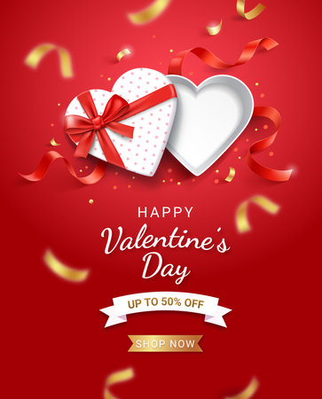 Empty open heart shaped white gift box with red ribbon. Valentines day card background vector illustrations.のイラスト素材