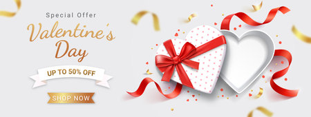 Empty open heart shaped white gift box with red ribbon. Valentines day card background vector illustrations.のイラスト素材