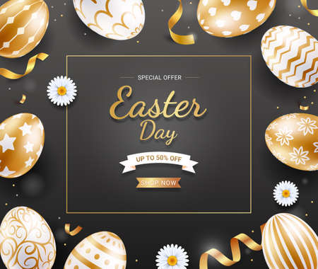 Easter day banners template easter eggs gold color with ribbon and daisies flower on black color background. Vector illustrations.のイラスト素材
