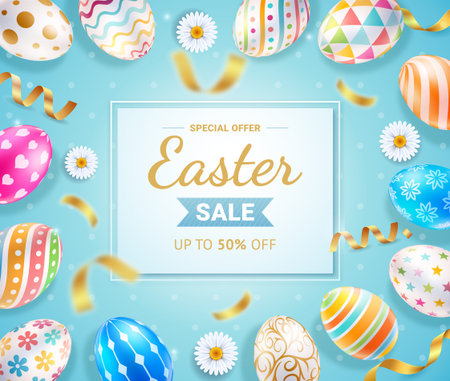 Easter day banners template easter eggs gold color with ribbon and daisies flower on black color background. Vector illustrations.のイラスト素材