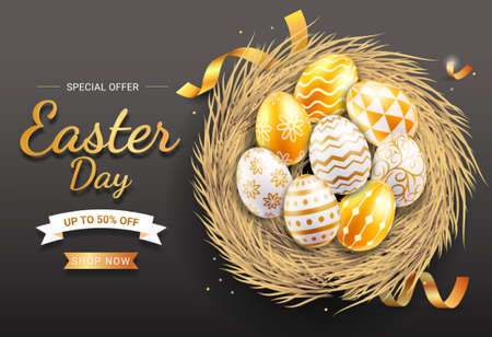Happy easter day easter eggs gold colorful different and patterns texture on egg nest. Vector illustrations.のイラスト素材