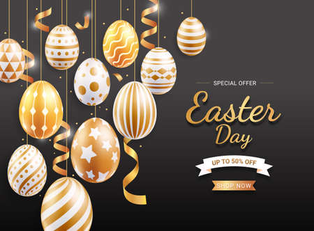 Happy easter day easter eggs gold color. Vector illustrations.のイラスト素材