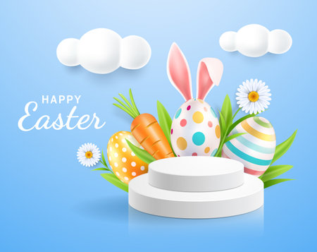 Happy easter day easter eggs colorful different and patterns texture  and rabbit ears with display stand podium and daisies flower on blue color background. Vector illustrations.のイラスト素材