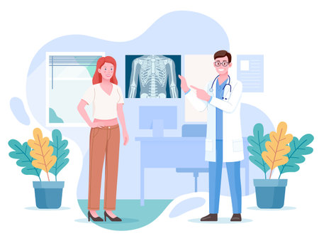 Doctor looking at a x-ray chest film with woman patient in clinic. Vector flat illustration. Radiology and body scan in medicine concept.のイラスト素材
