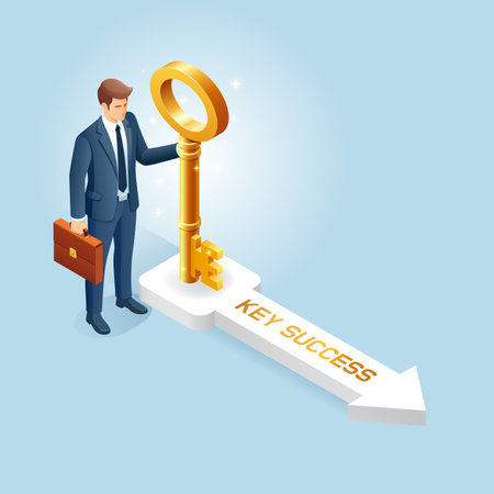 Businessman holding golden key isometric illustrationのイラスト素材