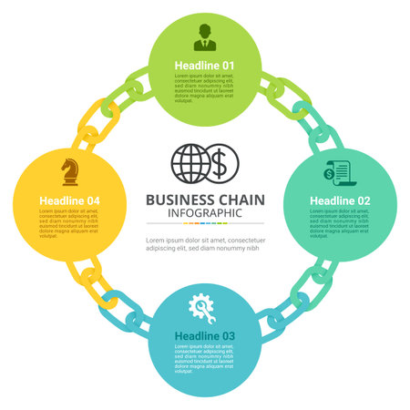 Modern and colorful Business Chain Infographic template with 4 connected circular elements linked by chains. Perfect for illustrating workflow processes, teamwork, growth strategies, partnerships, project planning, and organizational success.のイラスト素材
