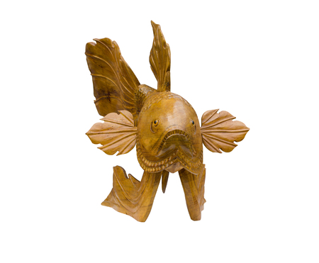 wooden goldfish isolated on white backgroundの写真素材