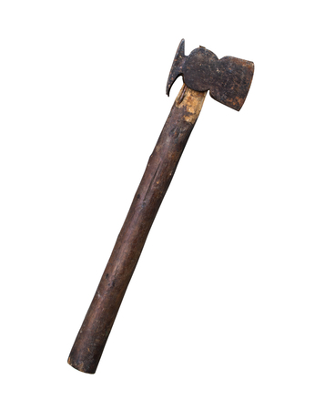Old ax with wooden handle isolated on white backgroundの写真素材