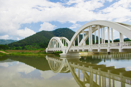 White bridge with blue Cloud sky backgroundの写真素材