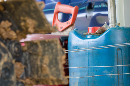 close-up Blue plastic barrels containing chemicals in storage texture. Abstract background