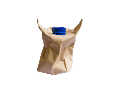 Used Brown milk carton isolated on white backgroundの写真素材