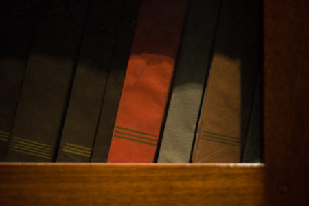 Close - up of an ancient of book shelves in an old home ,Dark toneの写真素材