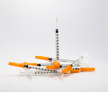 injection needle Use for Diabetes mellitus patients on white backgroundの写真素材