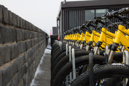 Yellow bike on public roads in the winter