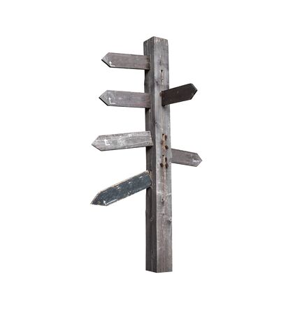 Old Wooden arrow direction signboard isolated on white backgroundの写真素材